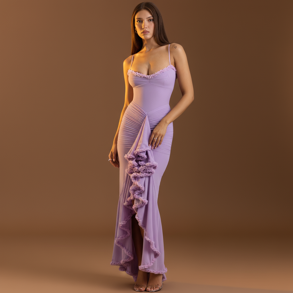 Leah | Długa Sukienka Rozcięta z Falbanami