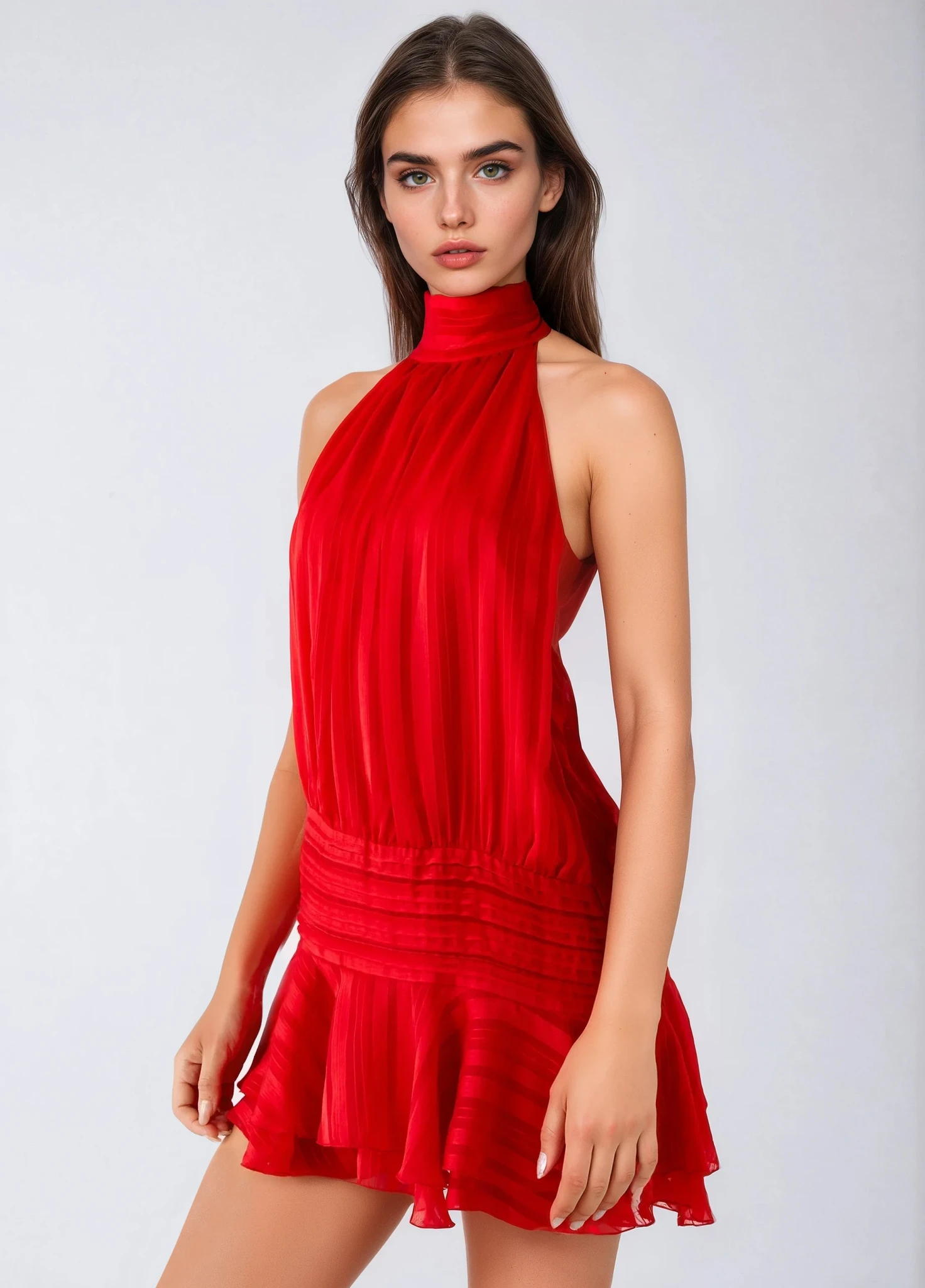 Sukienka mini z szyfonu z koralikowym pasem SERENELLA