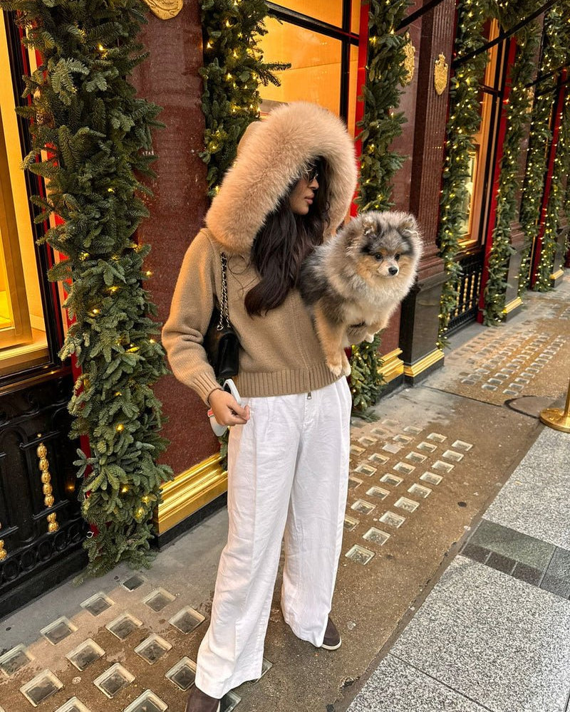 Amelia | Sweterkowy płaszcz z kołnierzem z futra